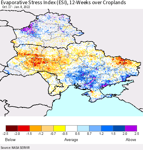 Ukraine, Moldova and Belarus Evaporative Stress Index (ESI), 12-Weeks over Croplands Thematic Map For 1/3/2022 - 1/9/2022