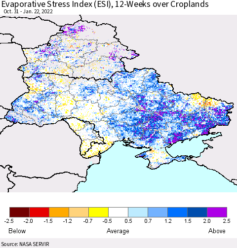 Ukraine, Moldova and Belarus Evaporative Stress Index (ESI), 12-Weeks over Croplands Thematic Map For 1/17/2022 - 1/23/2022