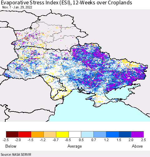 Ukraine, Moldova and Belarus Evaporative Stress Index (ESI), 12-Weeks over Croplands Thematic Map For 1/24/2022 - 1/30/2022