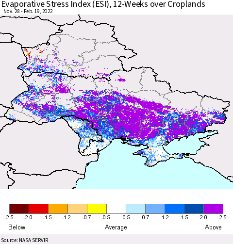 Ukraine, Moldova and Belarus Evaporative Stress Index (ESI), 12-Weeks over Croplands Thematic Map For 2/14/2022 - 2/20/2022