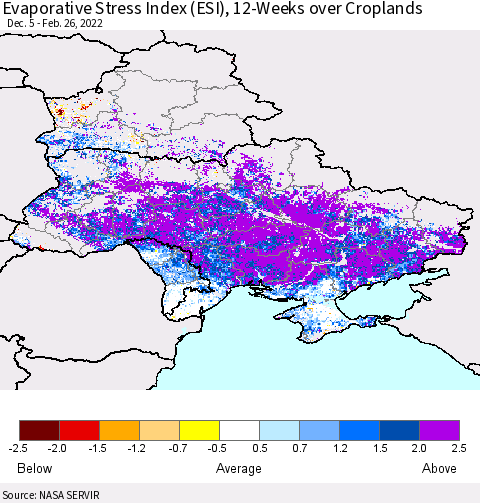 Ukraine, Moldova and Belarus Evaporative Stress Index (ESI), 12-Weeks over Croplands Thematic Map For 2/21/2022 - 2/27/2022