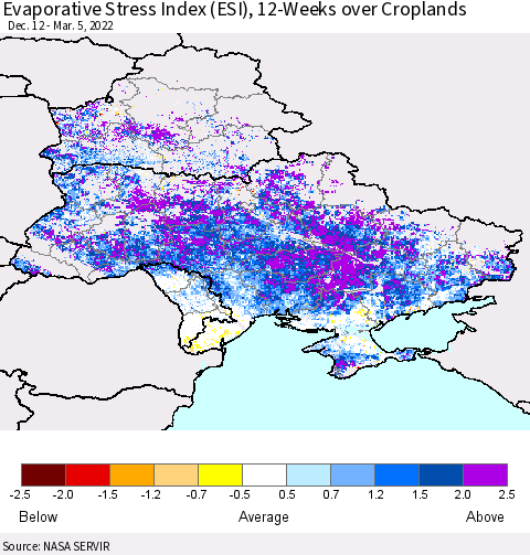 Ukraine, Moldova and Belarus Evaporative Stress Index (ESI), 12-Weeks over Croplands Thematic Map For 2/28/2022 - 3/6/2022