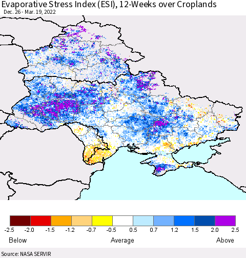 Ukraine, Moldova and Belarus Evaporative Stress Index (ESI), 12-Weeks over Croplands Thematic Map For 3/14/2022 - 3/20/2022
