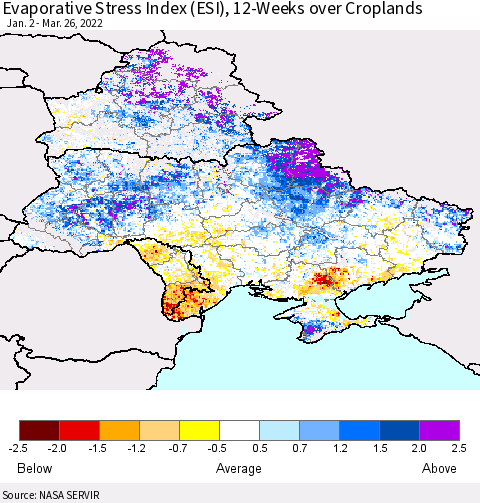 Ukraine, Moldova and Belarus Evaporative Stress Index (ESI), 12-Weeks over Croplands Thematic Map For 3/21/2022 - 3/27/2022