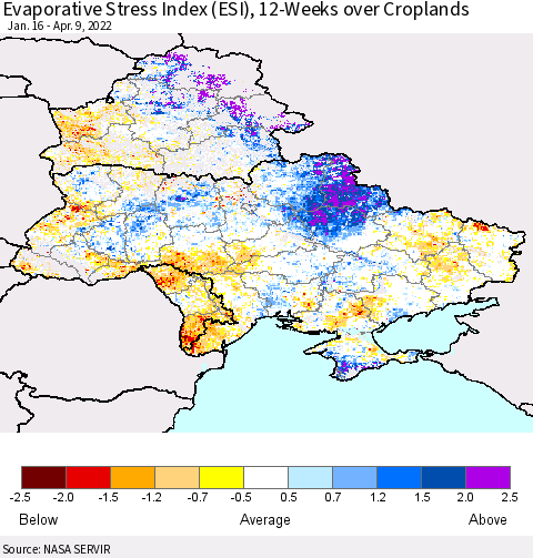 Ukraine, Moldova and Belarus Evaporative Stress Index (ESI), 12-Weeks over Croplands Thematic Map For 4/4/2022 - 4/10/2022