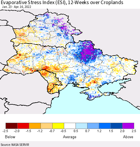 Ukraine, Moldova and Belarus Evaporative Stress Index (ESI), 12-Weeks over Croplands Thematic Map For 4/11/2022 - 4/17/2022