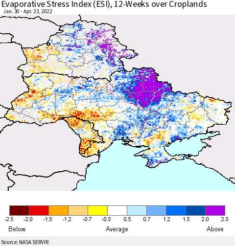 Ukraine, Moldova and Belarus Evaporative Stress Index (ESI), 12-Weeks over Croplands Thematic Map For 4/18/2022 - 4/24/2022