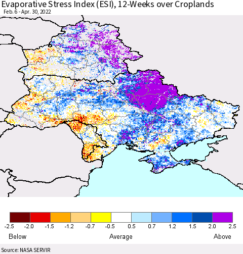Ukraine, Moldova and Belarus Evaporative Stress Index (ESI), 12-Weeks over Croplands Thematic Map For 4/25/2022 - 5/1/2022