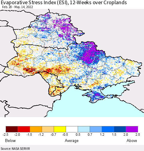 Ukraine, Moldova and Belarus Evaporative Stress Index (ESI), 12-Weeks over Croplands Thematic Map For 5/9/2022 - 5/15/2022