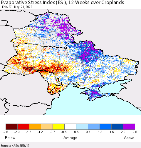 Ukraine, Moldova and Belarus Evaporative Stress Index (ESI), 12-Weeks over Croplands Thematic Map For 5/16/2022 - 5/22/2022