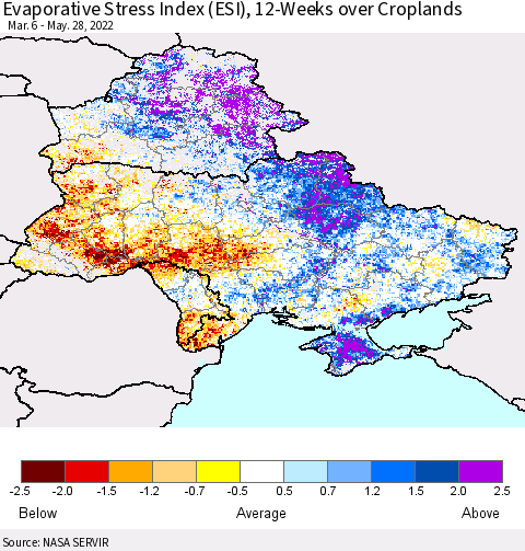 Ukraine, Moldova and Belarus Evaporative Stress Index (ESI), 12-Weeks over Croplands Thematic Map For 5/23/2022 - 5/29/2022