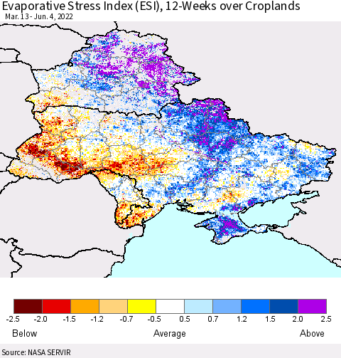 Ukraine, Moldova and Belarus Evaporative Stress Index (ESI), 12-Weeks over Croplands Thematic Map For 5/30/2022 - 6/5/2022