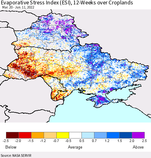 Ukraine, Moldova and Belarus Evaporative Stress Index (ESI), 12-Weeks over Croplands Thematic Map For 6/6/2022 - 6/12/2022