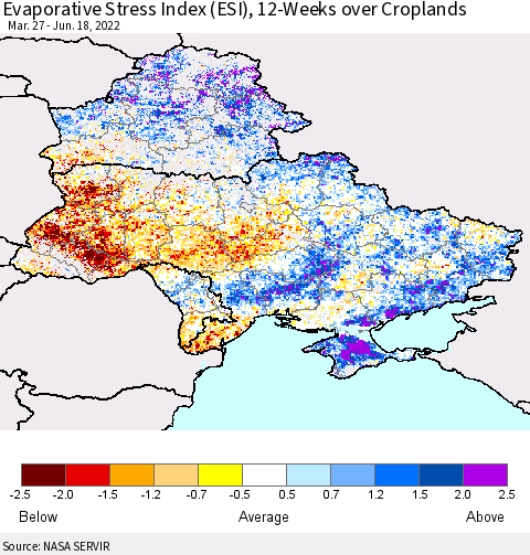 Ukraine, Moldova and Belarus Evaporative Stress Index (ESI), 12-Weeks over Croplands Thematic Map For 6/13/2022 - 6/19/2022