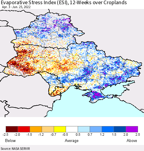 Ukraine, Moldova and Belarus Evaporative Stress Index (ESI), 12-Weeks over Croplands Thematic Map For 6/20/2022 - 6/26/2022