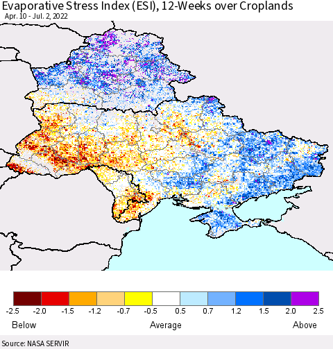 Ukraine, Moldova and Belarus Evaporative Stress Index (ESI), 12-Weeks over Croplands Thematic Map For 6/27/2022 - 7/3/2022