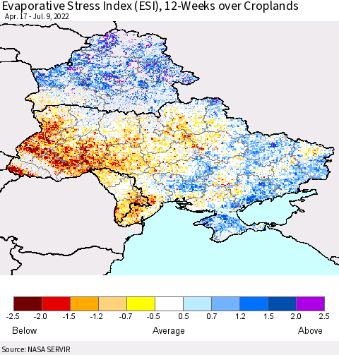 Ukraine, Moldova and Belarus Evaporative Stress Index (ESI), 12-Weeks over Croplands Thematic Map For 7/4/2022 - 7/10/2022