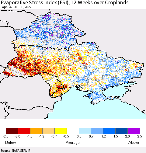 Ukraine, Moldova and Belarus Evaporative Stress Index (ESI), 12-Weeks over Croplands Thematic Map For 7/11/2022 - 7/17/2022