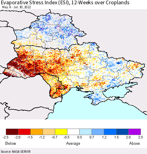 Ukraine, Moldova and Belarus Evaporative Stress Index (ESI), 12-Weeks over Croplands Thematic Map For 7/25/2022 - 7/31/2022