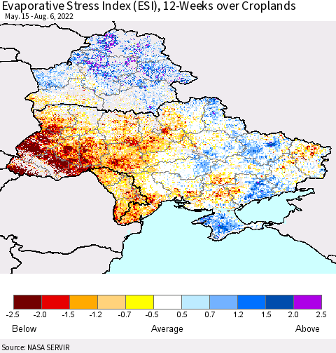 Ukraine, Moldova and Belarus Evaporative Stress Index (ESI), 12-Weeks over Croplands Thematic Map For 8/1/2022 - 8/7/2022