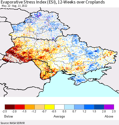 Ukraine, Moldova and Belarus Evaporative Stress Index (ESI), 12-Weeks over Croplands Thematic Map For 8/8/2022 - 8/14/2022