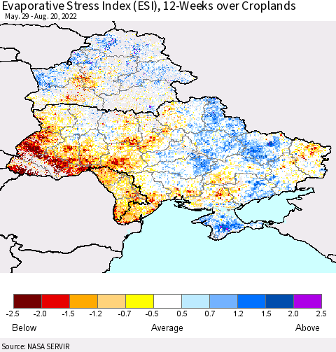 Ukraine, Moldova and Belarus Evaporative Stress Index (ESI), 12-Weeks over Croplands Thematic Map For 8/15/2022 - 8/21/2022