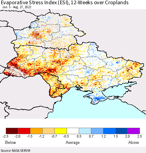 Ukraine, Moldova and Belarus Evaporative Stress Index (ESI), 12-Weeks over Croplands Thematic Map For 8/22/2022 - 8/28/2022