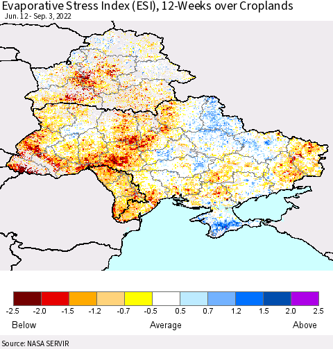 Ukraine, Moldova and Belarus Evaporative Stress Index (ESI), 12-Weeks over Croplands Thematic Map For 8/29/2022 - 9/4/2022