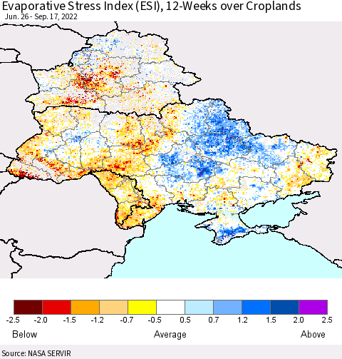 Ukraine, Moldova and Belarus Evaporative Stress Index (ESI), 12-Weeks over Croplands Thematic Map For 9/12/2022 - 9/18/2022