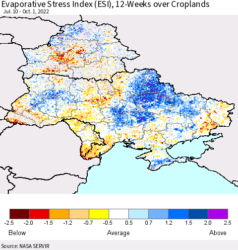Ukraine, Moldova and Belarus Evaporative Stress Index (ESI), 12-Weeks over Croplands Thematic Map For 9/26/2022 - 10/2/2022