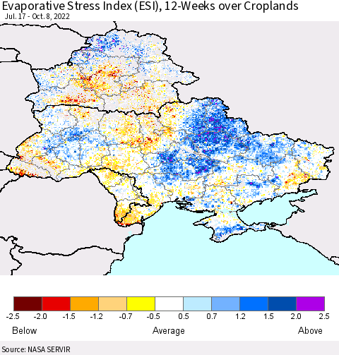 Ukraine, Moldova and Belarus Evaporative Stress Index (ESI), 12-Weeks over Croplands Thematic Map For 10/3/2022 - 10/9/2022