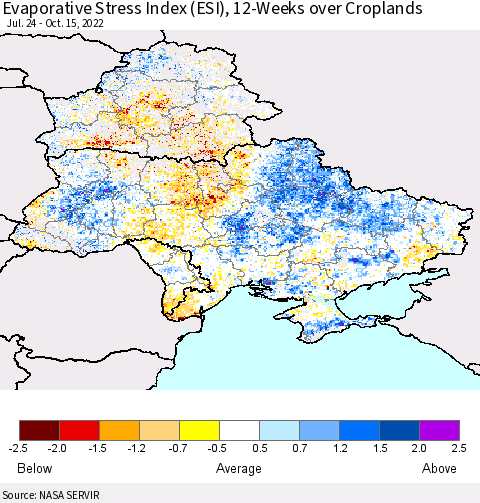 Ukraine, Moldova and Belarus Evaporative Stress Index (ESI), 12-Weeks over Croplands Thematic Map For 10/10/2022 - 10/16/2022