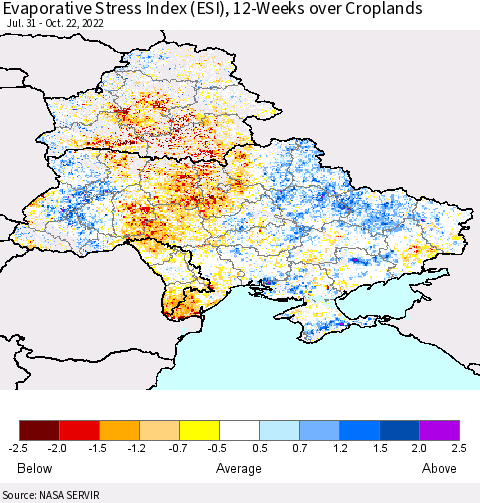 Ukraine, Moldova and Belarus Evaporative Stress Index (ESI), 12-Weeks over Croplands Thematic Map For 10/17/2022 - 10/23/2022