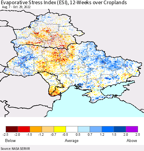 Ukraine, Moldova and Belarus Evaporative Stress Index (ESI), 12-Weeks over Croplands Thematic Map For 10/24/2022 - 10/30/2022