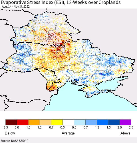 Ukraine, Moldova and Belarus Evaporative Stress Index (ESI), 12-Weeks over Croplands Thematic Map For 10/31/2022 - 11/6/2022