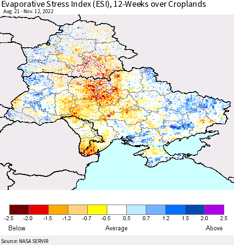 Ukraine, Moldova and Belarus Evaporative Stress Index (ESI), 12-Weeks over Croplands Thematic Map For 11/7/2022 - 11/13/2022