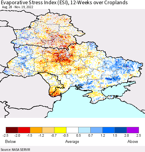 Ukraine, Moldova and Belarus Evaporative Stress Index (ESI), 12-Weeks over Croplands Thematic Map For 11/14/2022 - 11/20/2022