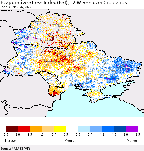 Ukraine, Moldova and Belarus Evaporative Stress Index (ESI), 12-Weeks over Croplands Thematic Map For 11/21/2022 - 11/27/2022