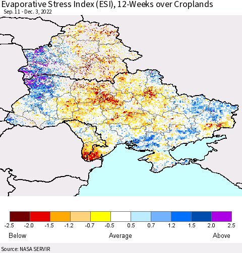 Ukraine, Moldova and Belarus Evaporative Stress Index (ESI), 12-Weeks over Croplands Thematic Map For 11/28/2022 - 12/4/2022