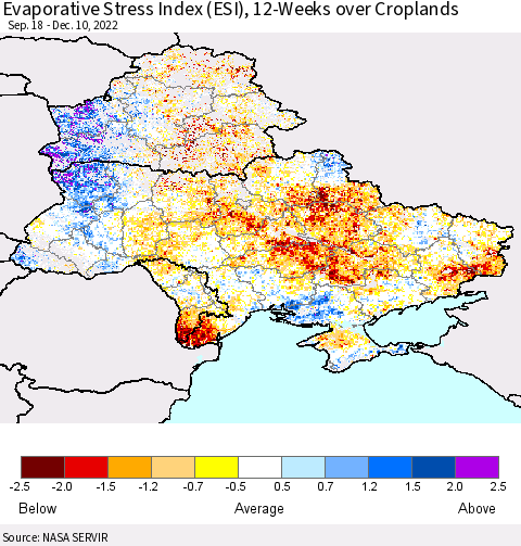 Ukraine, Moldova and Belarus Evaporative Stress Index (ESI), 12-Weeks over Croplands Thematic Map For 12/5/2022 - 12/11/2022
