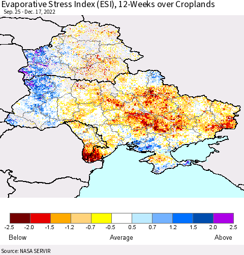 Ukraine, Moldova and Belarus Evaporative Stress Index (ESI), 12-Weeks over Croplands Thematic Map For 12/12/2022 - 12/18/2022