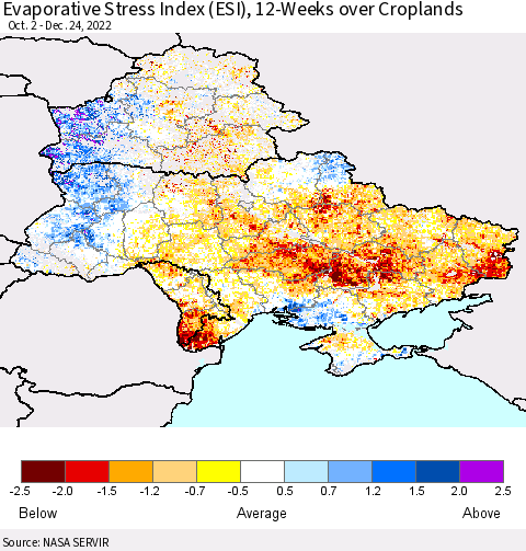 Ukraine, Moldova and Belarus Evaporative Stress Index (ESI), 12-Weeks over Croplands Thematic Map For 12/19/2022 - 12/25/2022