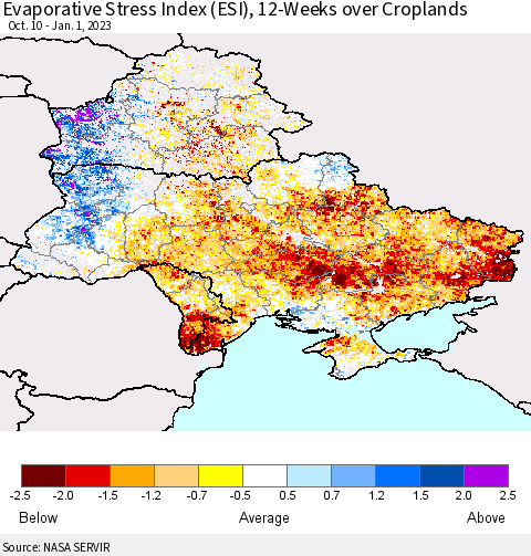 Ukraine, Moldova and Belarus Evaporative Stress Index (ESI), 12-Weeks over Croplands Thematic Map For 12/26/2022 - 1/1/2023