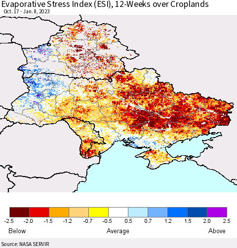 Ukraine, Moldova and Belarus Evaporative Stress Index (ESI), 12-Weeks over Croplands Thematic Map For 1/2/2023 - 1/8/2023