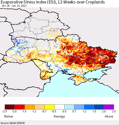 Ukraine, Moldova and Belarus Evaporative Stress Index (ESI), 12-Weeks over Croplands Thematic Map For 1/9/2023 - 1/15/2023
