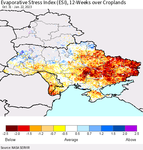 Ukraine, Moldova and Belarus Evaporative Stress Index (ESI), 12-Weeks over Croplands Thematic Map For 1/16/2023 - 1/22/2023