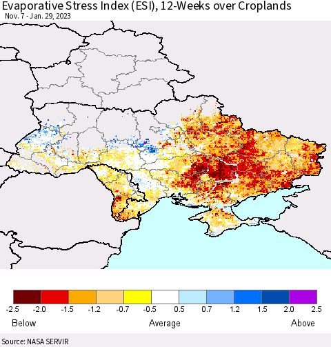 Ukraine, Moldova and Belarus Evaporative Stress Index (ESI), 12-Weeks over Croplands Thematic Map For 1/23/2023 - 1/29/2023