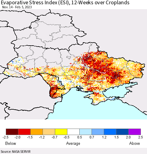 Ukraine, Moldova and Belarus Evaporative Stress Index (ESI), 12-Weeks over Croplands Thematic Map For 1/30/2023 - 2/5/2023