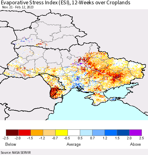 Ukraine, Moldova and Belarus Evaporative Stress Index (ESI), 12-Weeks over Croplands Thematic Map For 2/6/2023 - 2/12/2023