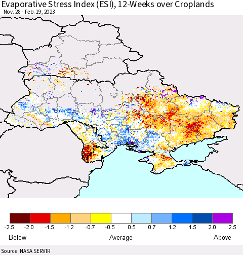 Ukraine, Moldova and Belarus Evaporative Stress Index (ESI), 12-Weeks over Croplands Thematic Map For 2/13/2023 - 2/19/2023